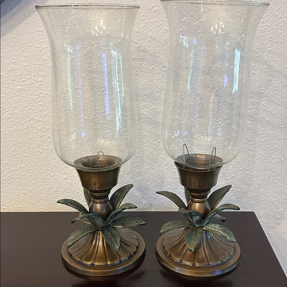 Vintage Lacquered Brass Pineapple Candle Huricane Lamps (set of 2)